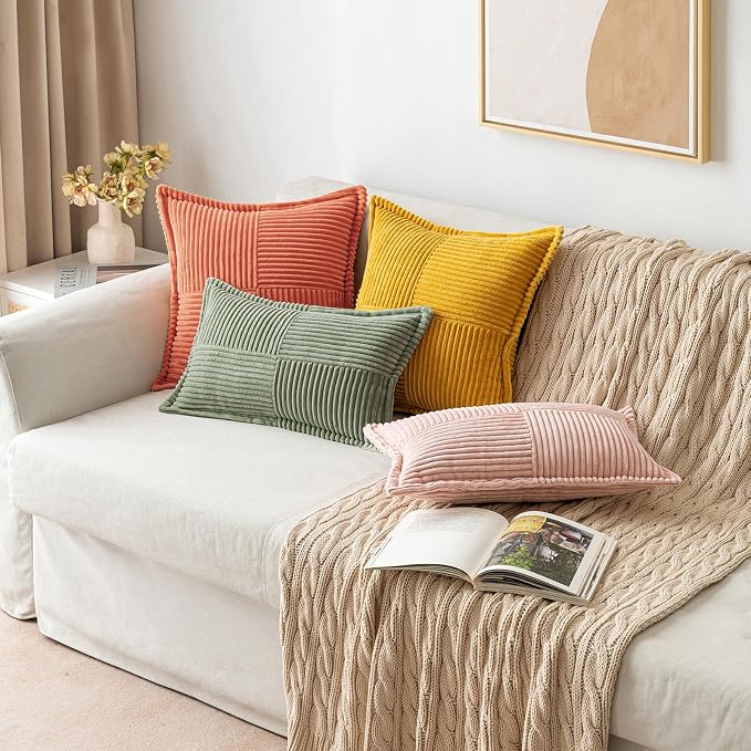 MIULEE Decorative Throw Pillow Covers for Couch 20x20 Light Olive Green | 2 Pack, Boho Broadside Striped Patchwork Pillow Covers, Soft Corduroy Cushion Cases, For Sofa Bed Livingroom Home Decor