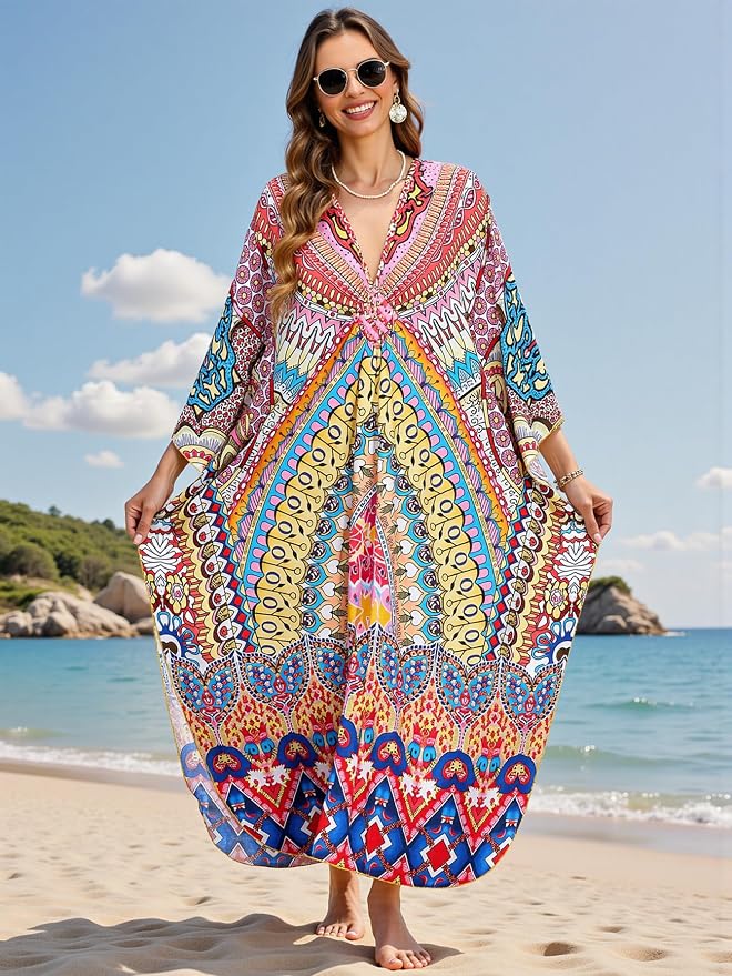 Mumu Dresses for Women Plus Size, Bohemian Kaftan Beach Cover Up Long Maxi Nightgown Soft Loungewear