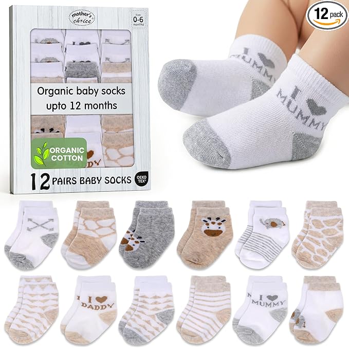 Mother's Choice Organic Cotton Baby Socks 0-6 Months - 12 pairs Soft and Cozy Newborn Gap Socks for Boys & Girls, Gentle Infant Wear, Ideal Baby Registry for Everyday Comfort for Babies