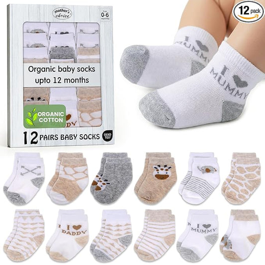 Mother's Choice Organic Cotton Baby Socks 0-6 Months - 12 pairs Soft and Cozy Newborn Gap Socks for Boys & Girls, Gentle Infant Wear, Ideal Baby Registry for Everyday Comfort for Babies