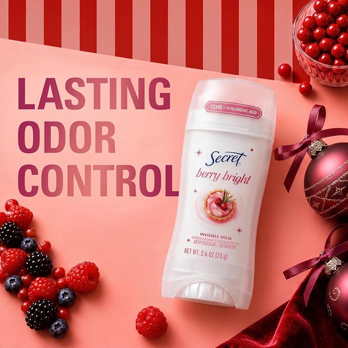 Secret Fresh Antiperspirant Deodorant for Women, 72hr Holiday Sweat & Odor Protection with Pro-Hyaluronic Acid, Invisible Solid, PH Balancing Minerals, Berry Bright Scent, 2.6 oz