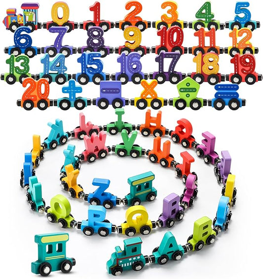 Vinsot 2 Sets Magnetic Wooden Alphabet and Number Train Toys Preschool Educational Activities Learning ABC Number Learning Toys Birthday Gifts for Toddlers Preschool Kids Baby Boys and Girls