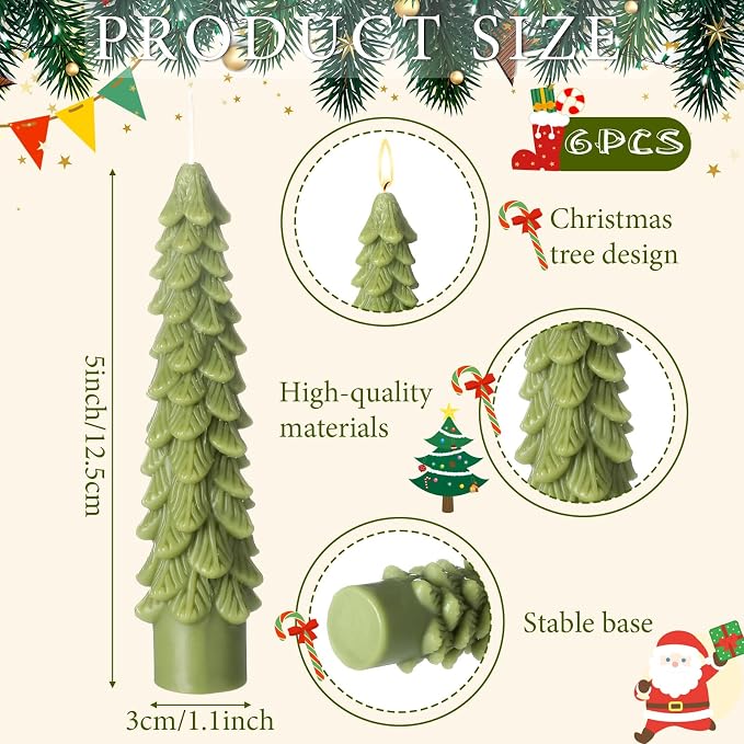 Conelist 6 Pcs Christmas Tree Candles Christmas Tree Shaped Taper Candles Decorative Xmas Wax Scented Candlesticks for Xmas Eve Winter Holiday Home Table Decoration Gift(Light Green,5 Inch Style)
