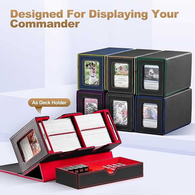 UAONO MTG Deck Box with 2 Commander Display and Dice Tray-Patented Design, Double Deck Box for 280+ Single Sleeved Cards, Leather Magnetic Card Storage Box Fits for TCG CCG Magic Cards (Black&Khaki)