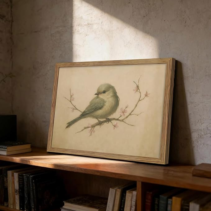Vintage Bird Wall Art, Cherry Blossom Spring Pictures Canvas Wall Decor, Rustic Farmhouse Bird Animal Artwork Print Poster for Living Room Bedroom Bathroom 16x24 Inch Framed