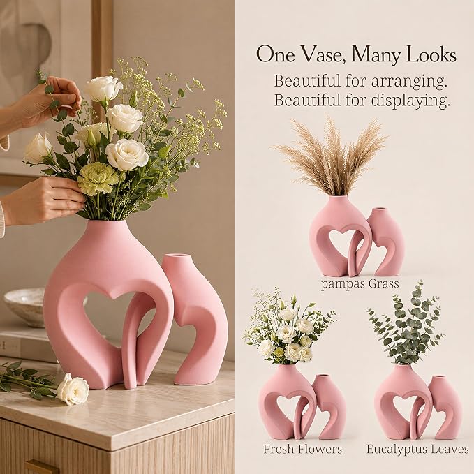 Ceramic Flower Vases Table Decor Heart Shaped Vase Set of 2 Pink | Nordic Heart Shaped Vases Minimalist Decorative Vase for Table Centerpiece Wedding Dining Living Room Office House Decoration