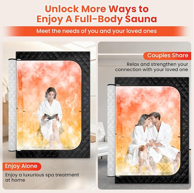 2 Person Sauna, Upgraded Portable Sauna for Home, Extra Large Personal Steam Sauna Box with 2 Steamer, 2 Folding Chair, 71”x 49”x 36”, Full Body Steam Tent at Home Sauna for Relaxation Spa, Black