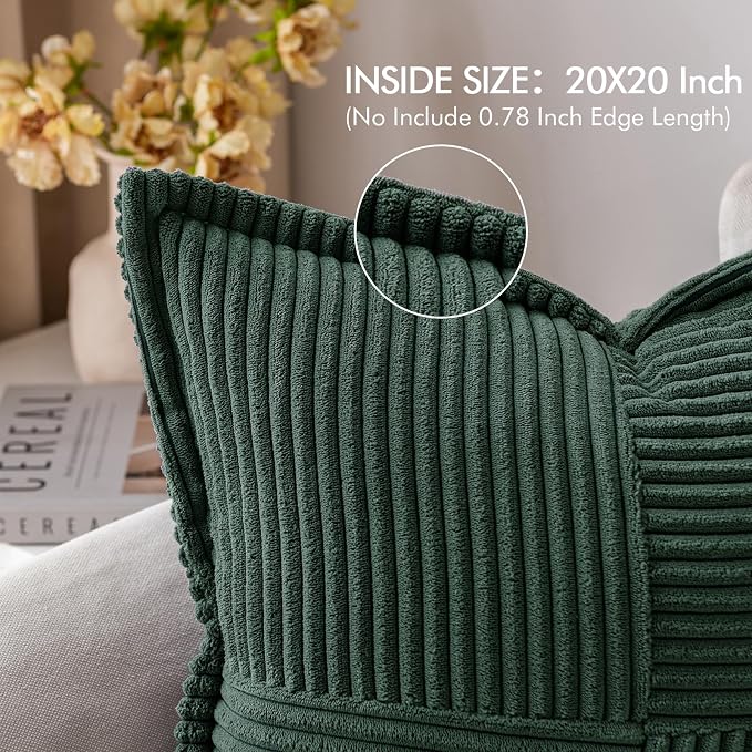 MIULEE Decorative Throw Pillow Covers for Couch 20x20 Inch Dark Green | 2 Pack, Boho Broadside Striped Patchwork Pillow Covers, Soft Corduroy Cushion Cases, For Sofa Bed Livingroom Home Decor