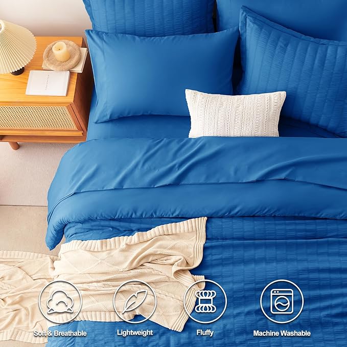 CozyLux King Size Comforter Set Classic Blue Seersucker 7 Pieces Bed in a Bag King Comforter Set with Sheets, Luxury Bedding Set with Down Alternative Comforter, Sheets, Pillowcases & Shams All Season