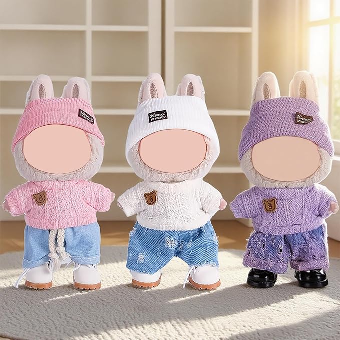 Total 3 Sets Doll Clothes Accessories for 17cm Dolls Include: 3 Hats, 3 Tops, 3 Pants- Soft & Stylish Costume Accessories (Doll Not Icluded)