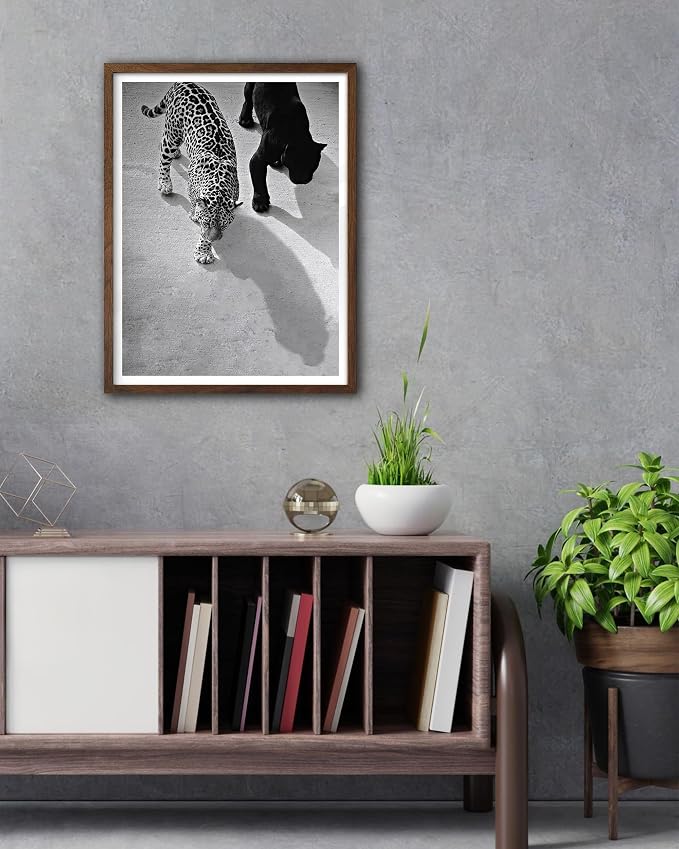 EcoHest 12x16 in Cheetah and Jaguar Walking Framed Wall Art | Walnut Color Solid Oak Frame, Canvas Wall Art, Black White Animal Wall Decor for Living Room, Bedroom, Apartment, Dorm, 1Pack