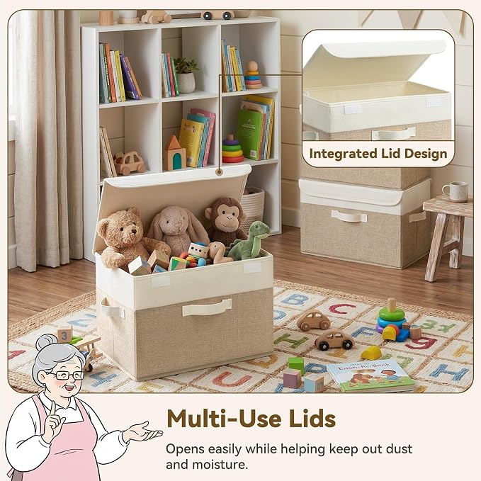 GRANNY SAYS Memory Keepsake Storage Box, Fabric Storage Bins with Lids | Flip-Top Lid, Collapsible, Stackable, 3 Handles, Ideal for Closet Clothes Blanket Toys, Large, Brown/White, 4-Pack