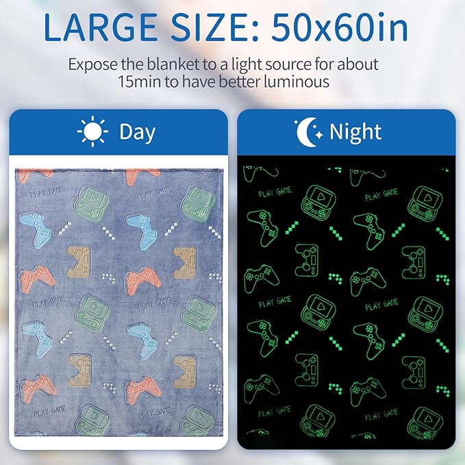 Glow in The Dark Gaming Blanket,Gamer Game Controller Gifts for Boys,Gift Toys for Kids Boys Teen Son Adult Gamepad Presents,Soft Blanket Gifts for Boy for Birthday Christmas Easter Gift, 50"x60"