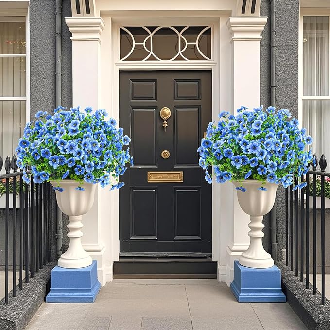 Ouddy Decor 24 Pcs Artificial Flowers for Outdoors Decorations, Blue | Lifelike silk flowers, UV resistant, faux plastic plants, for garden porch window table vase home indoor outdoor decor