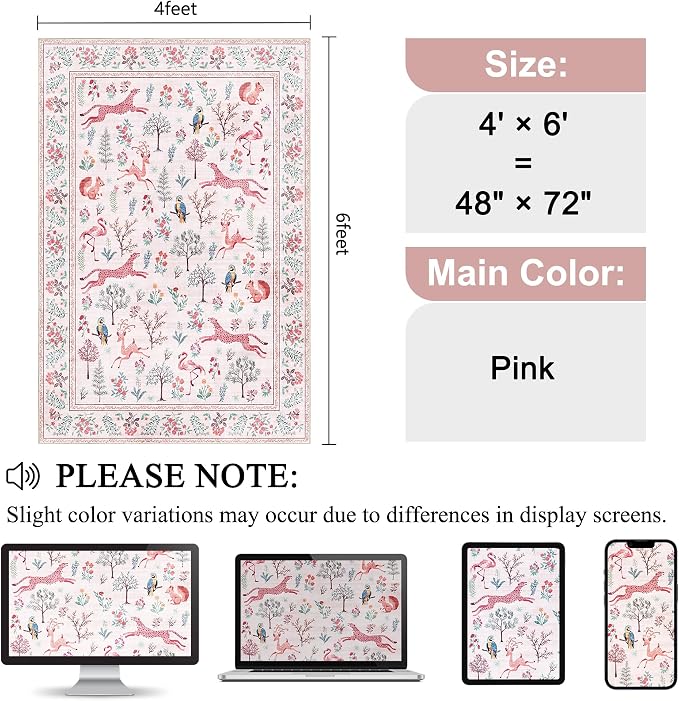 DUKINO 4x6 Area Rug, Non Slip Animal Washable Rug for Living Room, Pink | Soft, Low Pile, Stain Resistant Indoor Carpet for Bedroom, Dining Room, Nursery, Farmhouse, Pet Friendly, Non-Shedding