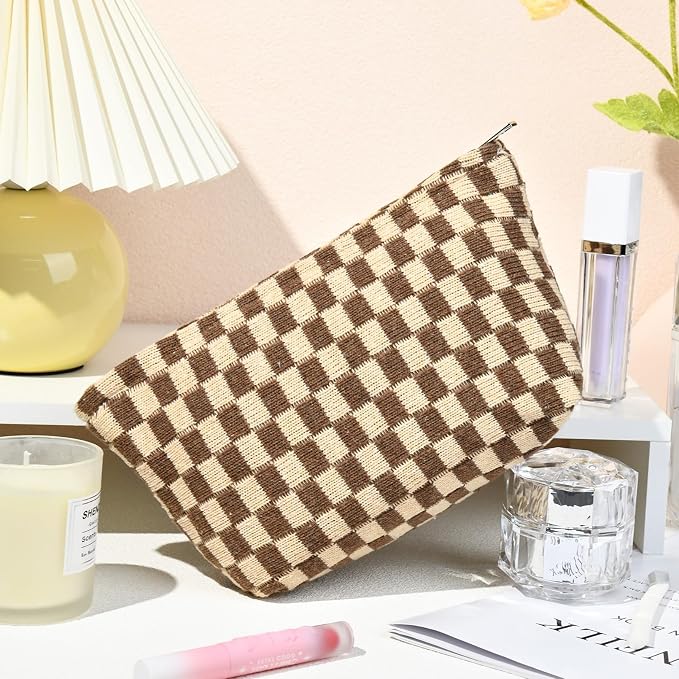 SOIDRAM 2 Pieces Makeup Bag Large Checkered Cosmetic Bag Capacity Canvas Travel Toiletry Bag Organizer Cute Makeup Brushes Aesthetic Accessories Storage Bag for Women, Brown checkered