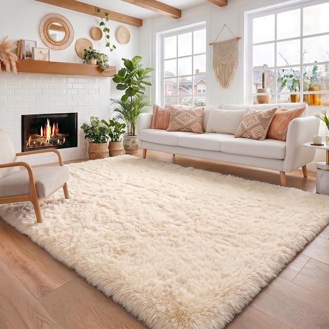 Amdrebio Beige Area Rugs for Bedroom Kids Room, Fluffy Plush Shaggy Furry Fuzzy Rug 4x6 for Living Room Decor Aesthetic, Soft Cute Shag Neutral Tan Carpet for Teens Baby Nursery Playroom Preppy Dorm