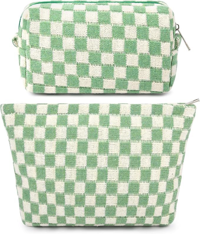 SOIDRAM 2 Pcs Checkered Makeup Bag Large Cosmetic Bag Toiletry Bag Makeup Pouch Travel Bag Organizer Cute Makeup Brushes Aesthetic Accessories Storage Bag for Women Green