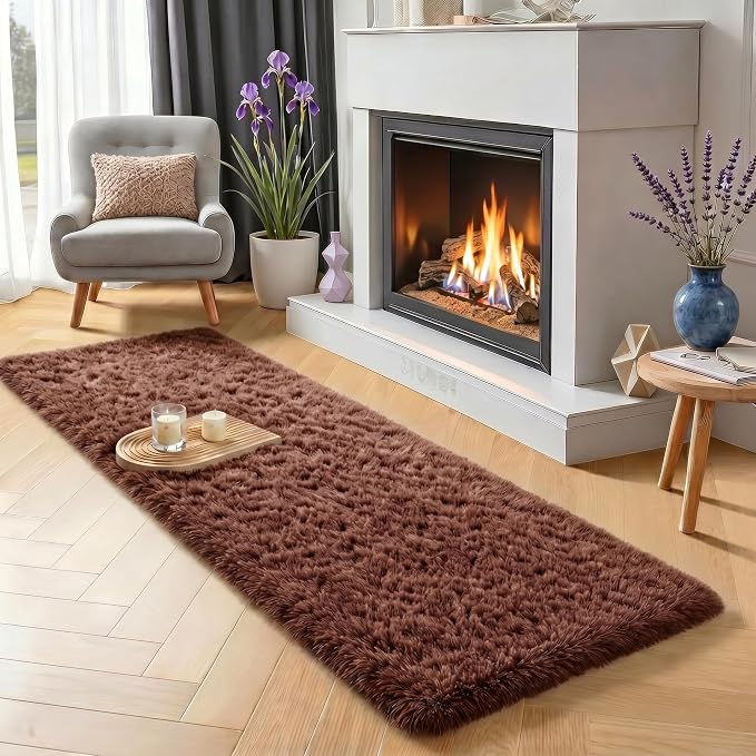 Brown Runner Rug 2' x 6', Fluffy Coffee Rugs for Bedroom Super Soft Long Bedside Rugs, Indoor Plush Carpets for Living Room Kids Teen Dorm Nursery Room Decor Aesthetic Non-Slip Hallway Rug