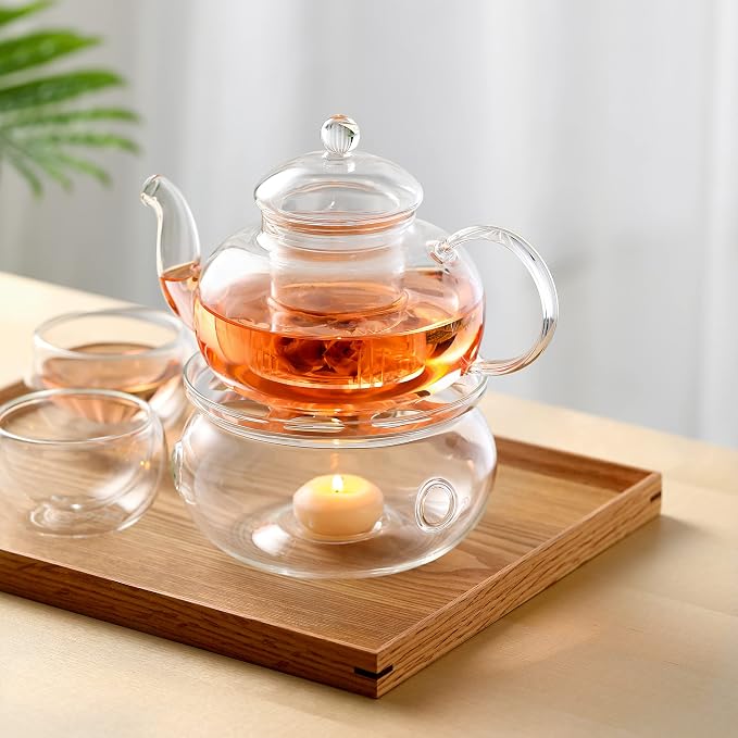CnGlass 33.8oz Glass Teapot with Removable Infuser,Stovetop Safe Tea Kettle with 4-Pack Glass Teacups 3.4oz and Tea Warmer 5.3 in/13.5cm Diameter