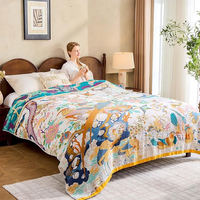 XIBLC Fall Throw Blanket for Couch, Yellow Boho Decorative Throw Blanket, 100% Cotton Muslin Breathable Woven Farmhouse Blankets Quilt, 80"x90" Reversible Lightweight Blankets Bohemian Throw Quilt