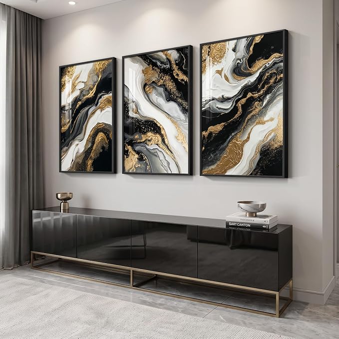 Large Framed Modern Abstract Luxury Wall Art Set, 3 Piece 24x36 In | Black white gold wall prints, Elegant marble pattern pictures, Living room bedroom dining room office wall decor