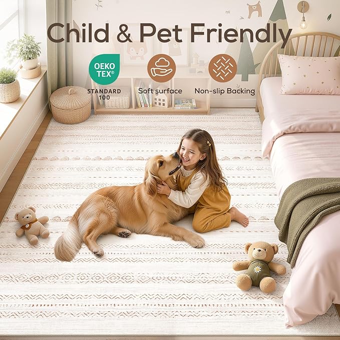 Nakagishi Boho 10x14 Area Rug Living Room Rugs Machine Washable Brown | Soft, Pet & Kid Friendly, Carpet for Living Room/Bedroom/Office/Kitchen/Nursery, Daily Home Decor Stain Resistant Moroccan