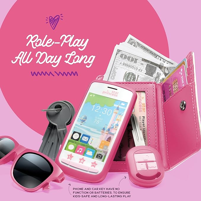 Star Princess Pretend Play Purse Set for Girls - Realistic Purse with Accessories: Toy Phone, Wallet, Credit Cards, Keys, Makeup for Role Playing Toys for Girls Ages 3-8