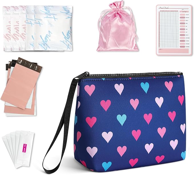 First Period Kit for Girls, Neoprene Cute Sanitary Napkin Storage Bag, Menstrual Pad Bag Tampon Holder for Purse, First Period Gifts for 9-12 (Hearts)