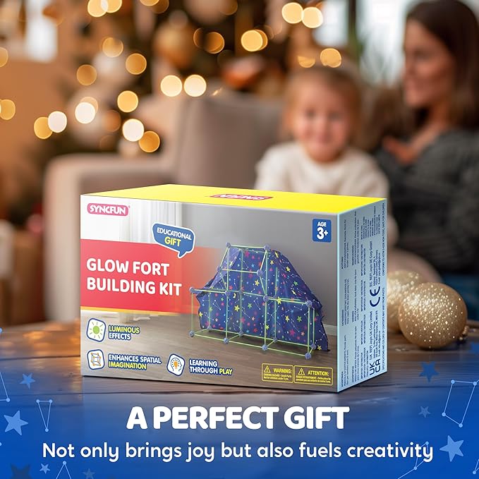 SYNCFUN Glow Fort Building Kit Indoor Outdoor for Kids, Glow in The Dark Creative Fort, DIY Castles Tunnels with Rods and Balls, STEM Construction Toys, Educational Gift for Boys and Girls Aged 3-12