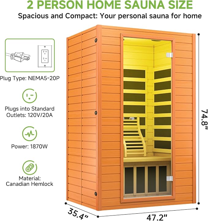 Real Relax Infrared Sauna, 2 Person Low EMF FAR Infrared Saunas for Home, Indoor Personal Canadian Hemlock Wood Sauna with 9 Chromo Therapy Lights, Bluetooth Speakers for Home & Gym Spa
