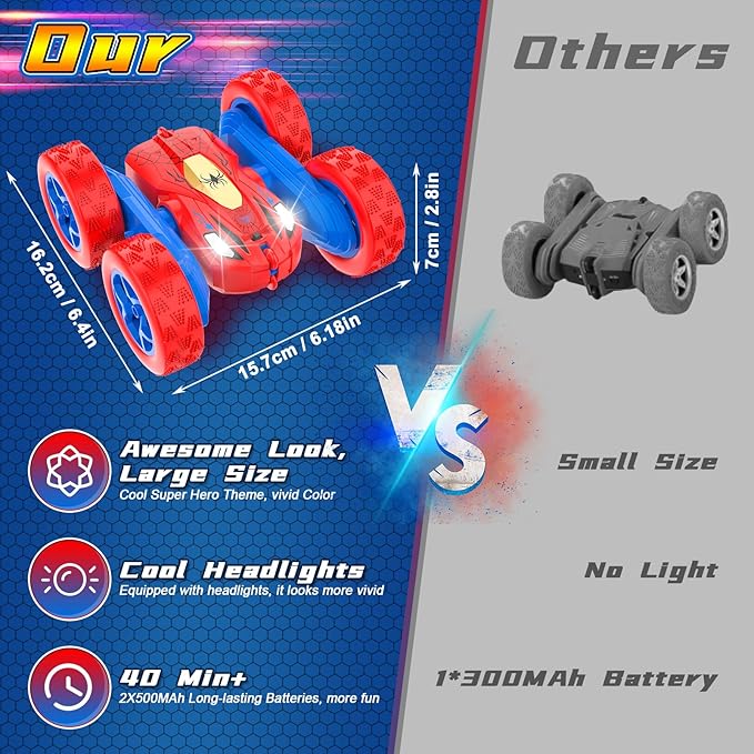 Spider Remote Control Cars for 3 4 5 6 7 Year Old Boys Double Sided 4WD Off-Road, 360° Rotating RC Stunt Car 2.4GHz Rechargeable Toys for Ages 6-12 Boys and Girls Birthday Xmas Gift
