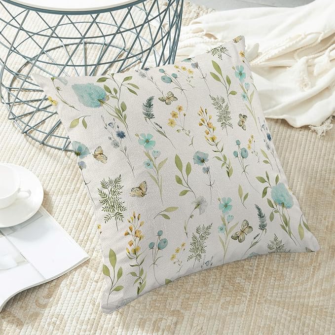 Spring Pillow Covers 20x20 Inch Set of 2, Aqua Teal Sage Green Wild Flower Throw Pillows Case,Colorful Seasonal Floral Plant Outdoor Decorative Farmhouse Decor Cushion Covers for Sofa Bed Couch