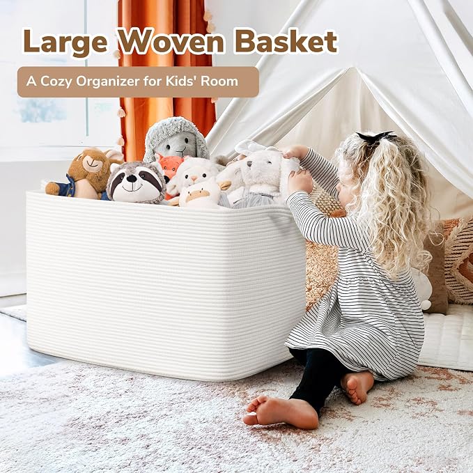 Goodpick 105L Extra Large Woven Rope Blanket Basket, Rectangle, White | 25'' x 16'' x 16'' Storage Basket for Blankets & Clothes, Living Room, Bedroom & Nursery Organization, Reinforced Handles