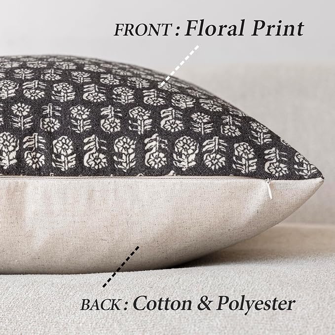 Foindtower Set of 2 Decorative Neutral Floral Print Throw Pillow Covers Vintage Accent Farmhouse Cushion Covers Boho Home Decor for Sofa Couch Chair Bedroom Living Room,22×22 Inch,Black
