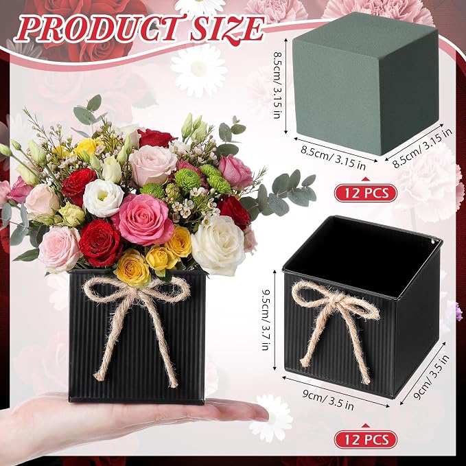 12 Pack Galvanized Square Vases with Floral Foam, 3.5 inch Waterproof Rustic Tin Buckets with Twine Bows, Mini Farmhouse Metal Planter Centerpieces for Wedding Party Table Decor(Black)