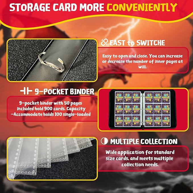 Trading Card Binder for TCG Cards, 9-Pocket Portable Card Collector Ablum Holder Book Fits 900 Cards with 50 Removable Sleeve, Waterproof Card Binder Display Storage Carrying Cases for TCG- Dragon
