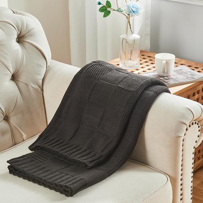 CozeCube Jet Black Knitted Checkered Throw Blanket 60"X80" | Check Knit Throw for Couch, Decorative Christmas Soft Cozy Warm Blanket for Bed Sofa Living Room