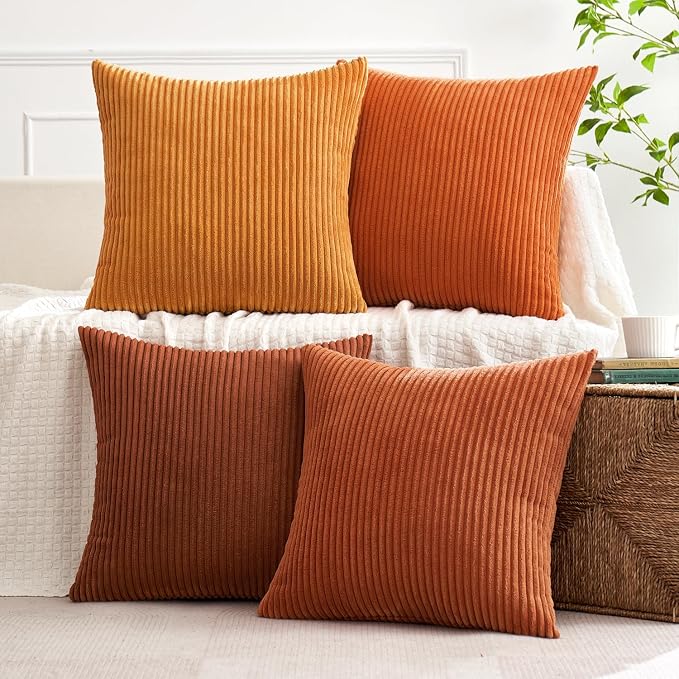 MIULEE Fall Corduroy Decorative Throw Pillow Covers Orange Rust 18x18 | Set of 4, Vintage Retro Fall Decor, Autumn Harvest Collection, Boho Farmhouse Cushion Covers for Couch Bed Sofa Living Room