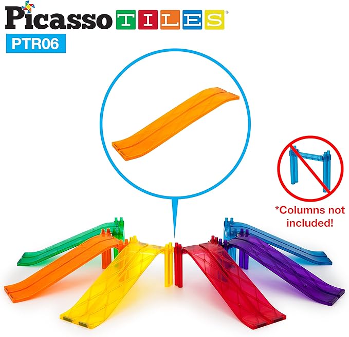 PicassoTiles 6 Piece Magnetic Tiles Race Track Ramp Accessories STEM Building Blocks Toys Magnet Tile Educational Construction Playset Boys Girls Brain Development and Creative Pretend Play Toy PTR06