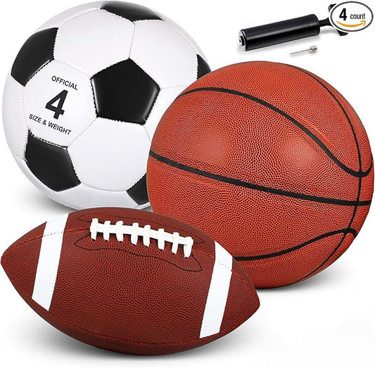 Libima 3 Pcs Sports Ball Set for Kids Teens Include Official Size 5 Basketball 4 Soccer 6 Football with Pump and Carry Bag Training Practice Sport Gift for Kids Teens Back to School