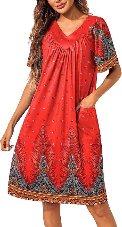 Ekouaer Womens House Dress Floral Print Nightgown with Pockets Mumu Dress