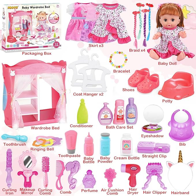 14" Baby Dolls Toy Playset with Wardrobe Bed, 37PCS Beauty Hair & Babies Doll Care Toy Set, Toddler Toys Pretend Play Doll Incl Hair Salon Kit, Dolls Clothes, Baby Gift for 3 4 5 6+ Year Old Girl Boy