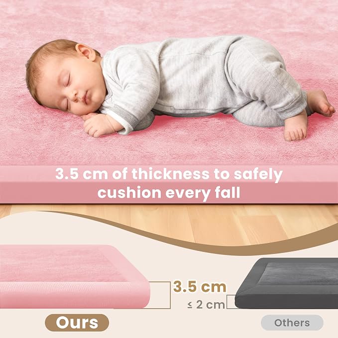ACOMOPACK Baby Play Mat for Floor 1.3" Thick Memory Foam Play Mat 79"×118" Tummy Time Crawling with Non-slip Bottom for Living Room,Nursery,Soft Velvet Playpen Mats for Kids,Infants（Pink）