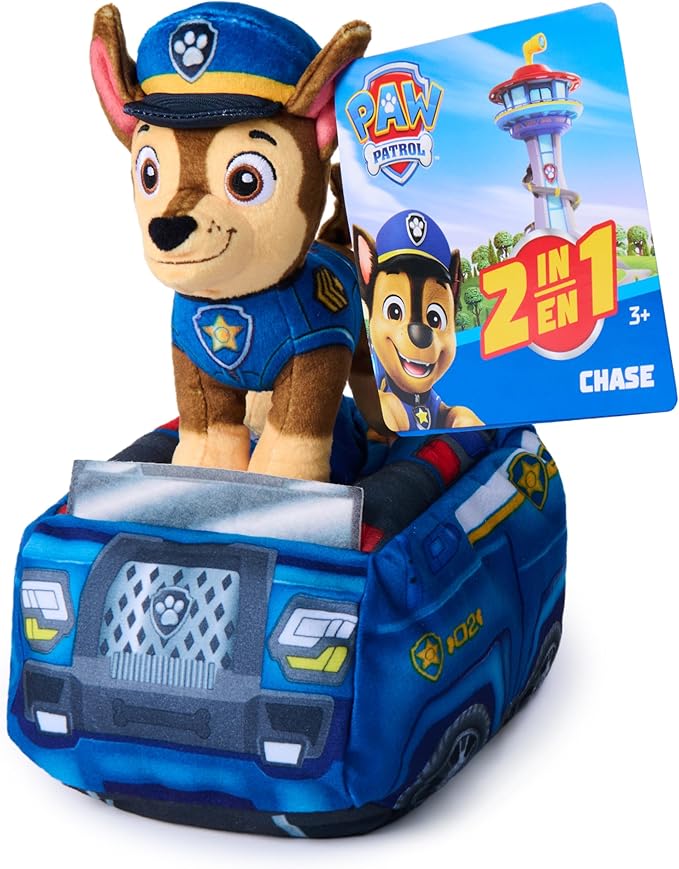 Paw Patrol Chase 2-in-1 Vehicle Plush, 6-Inch Stuffed Animal with 8-Inch Plush Toy Police Cruiser, Kids Toys for Boys and Girls Ages 3 and Up