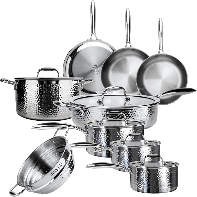 imarku 14-Piece Tri-Ply Hammered Stainless Steel Cookware Set | Multifunctional 14pc Pots and Pans with Steamer | Non-Toxic No-Coating Nonstick | Induction & Oven-Safe up to 500°F