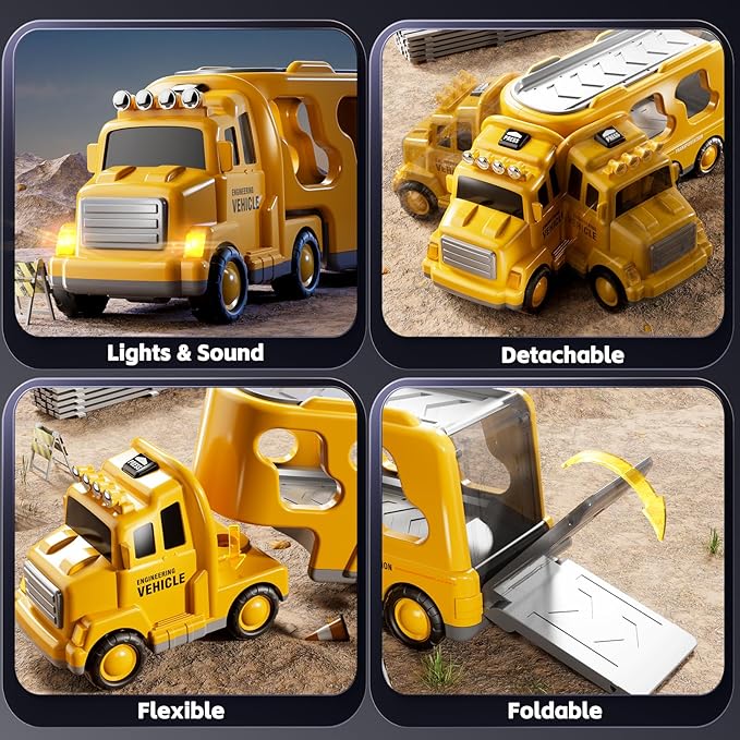 Construction Trucks Toys for 2 3 4 5 Years Old Boys - 5-in-1 Carrier Transport Vehicle Truck for Toddlers 2-4 Years with Crane, Mixer, Pushdozer and Excavator, Car Toys Birthdays Gift