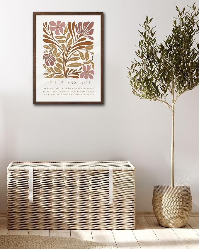 EcoHest 12x16 in Ephesians 3:17 Abstract Floral Framed Christian Wall Art | Walnut Color Solid Oak Frame，Canvas Wall Art, Scripture Bible Verse Wall Decor for Bedroom, Living Room, Office, Church,1Pack