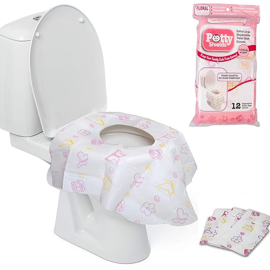 Toilet Seat Covers Disposable (12 Pack, Floral) - XL Waterproof Toilet Cover for Toddlers, Kids & Adults - Portable & Individually Wrapped for Travel, Potty Training & Public Restrooms