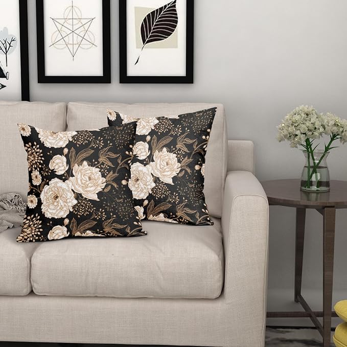 Vintage Peony Roses Floral Plant Pillow Covers 24X24 Inch Set of 2 Chinoiserie White Flower Leaves Decorative Pillow Cases Black Gold Cushion Case Vintage Home Decor for Sofa Couch Outdoor